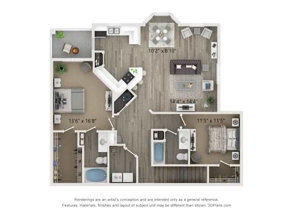 A floor plan of a house with a kitchen, living room, and bathrooms.
