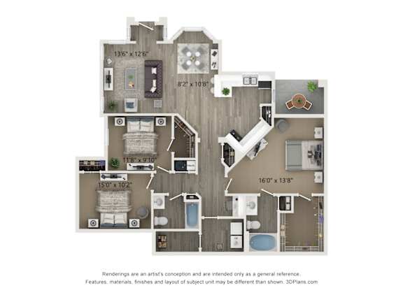 A 3D floor plan of a house with a kitchen, living room, and bathrooms.