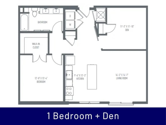 A floor plan of a 1 Bedroom + Den apartment.