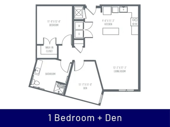 A floor plan of a 1 bedroom + den apartment.