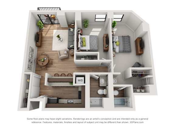 A 3D floor plan of a house with a living room, kitchen, dining room, and bedrooms.