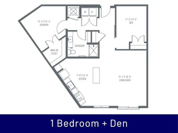 A floor plan of a 1 Bedroom + Den apartment.