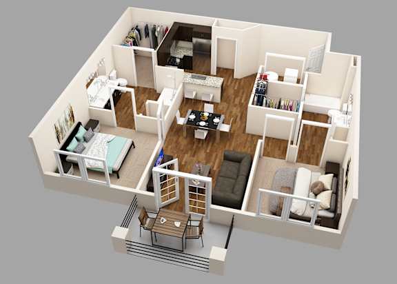 A 3D rendered image of a modern apartment layout.