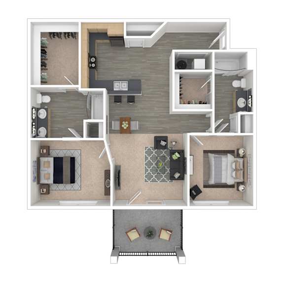A top-down view of a house layout with a kitchen, living room, and bathroom.