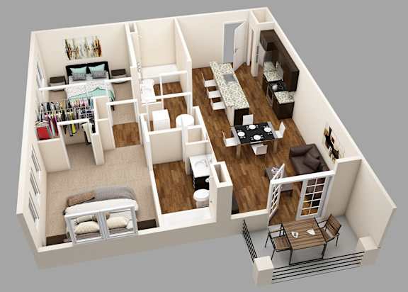A 3D rendered image of a small apartment layout.