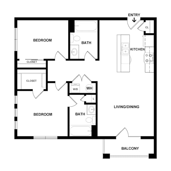 A black and white image of a house floor plan with two bedrooms, two bathrooms, a kitchen, a living/dining area, and a balcony.