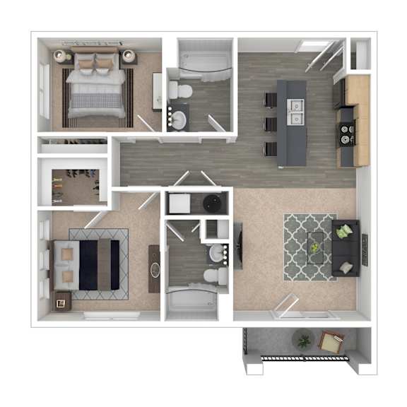 A top-down view of a small apartment layout with a kitchen, living room, and bathroom.