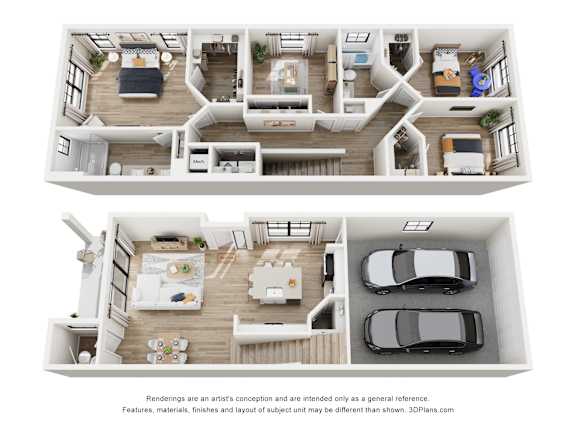 A 3D floor plan of a house with two bedrooms, a living room, a kitchen, a bathroom, and a garage.