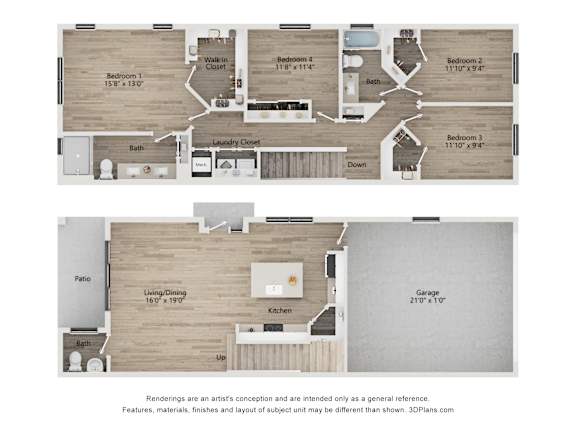 A floor plan of a house with two bedrooms, a living room, a kitchen, a garage, and a laundry closet.