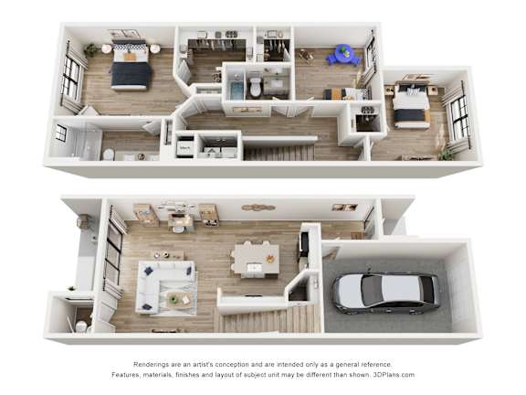 A 3D floor plan of a house with two bedrooms, a living room, a kitchen, and a garage.