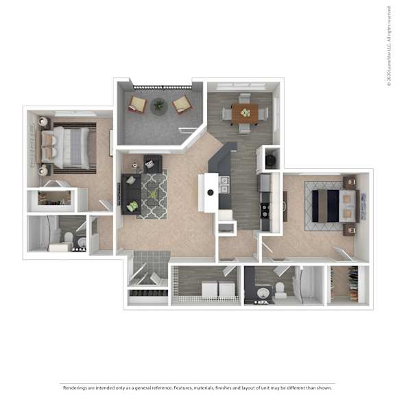 A floor plan of a house with a kitchen, living room, and two bedrooms.
