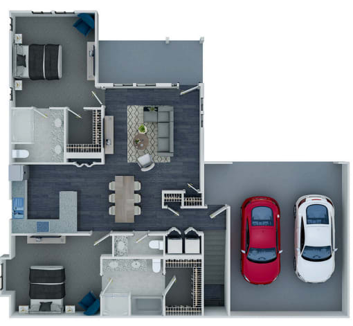 A top-down view of a house with a red car parked on the right side.
