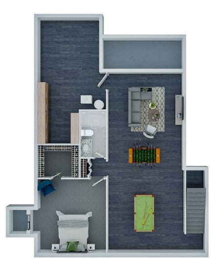 A floor plan of a house with a kitchen, living room, and bathroom.