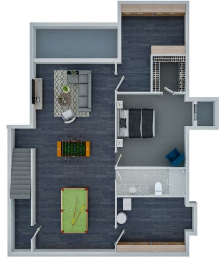 A 3D floor plan of a house with a kitchen, living room, and bathroom.