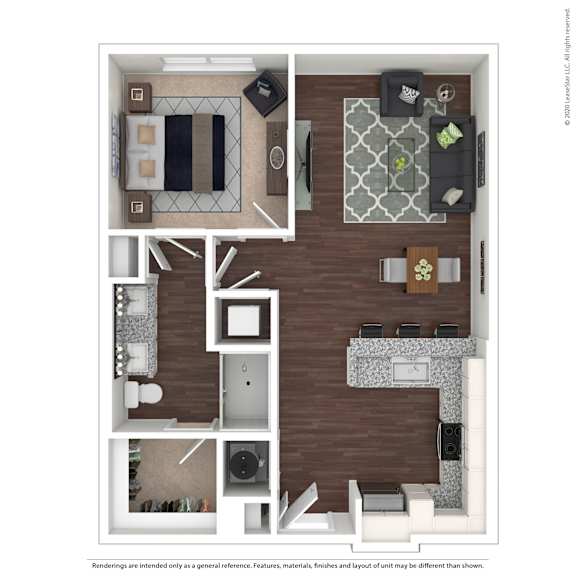 A floor plan of a house with a kitchen, living room, and two bedrooms.