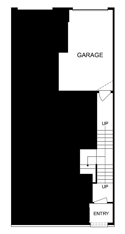 A black and white drawing of a floor plan with a garage, two upstairs areas and an entry.