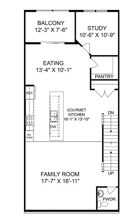 A floor plan of a house with a balcony, study, pantry, eating area, and a family room.
