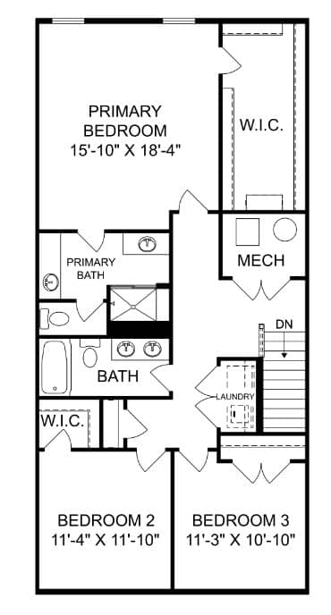 A floor plan of a home with a primary bedroom, two additional bedrooms, a mech, and a laundry area.