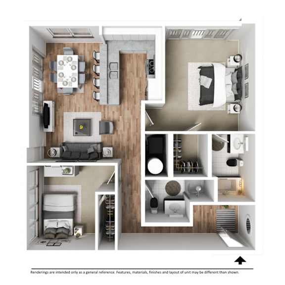 A 3D rendered image of a modern apartment layout.