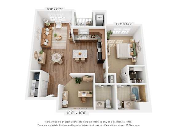 A 3D floor plan of a small apartment with a kitchen, living room, and bathroom.