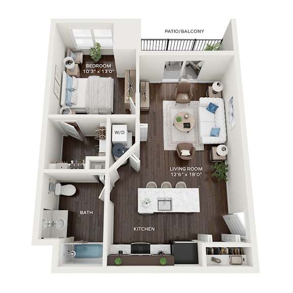 A floor plan of a small apartment with a living room, kitchen, bathroom, and bedroom.
