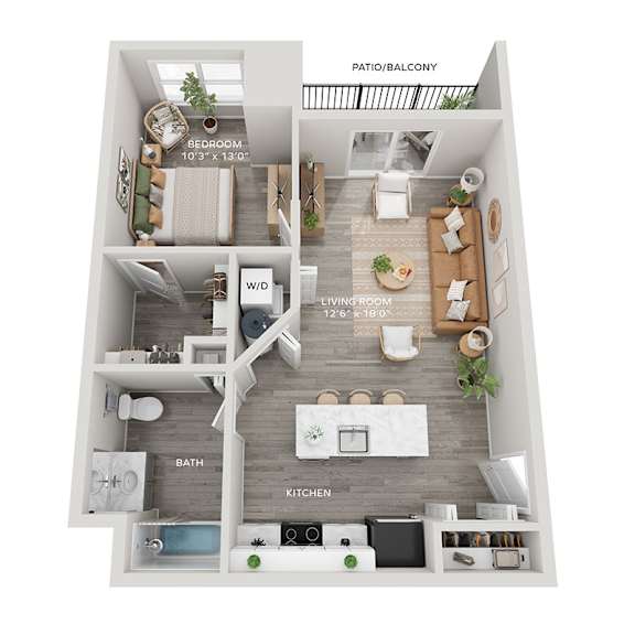A floor plan of a small apartment with a bedroom, living room, kitchen, bathroom, and a patio/balcony.