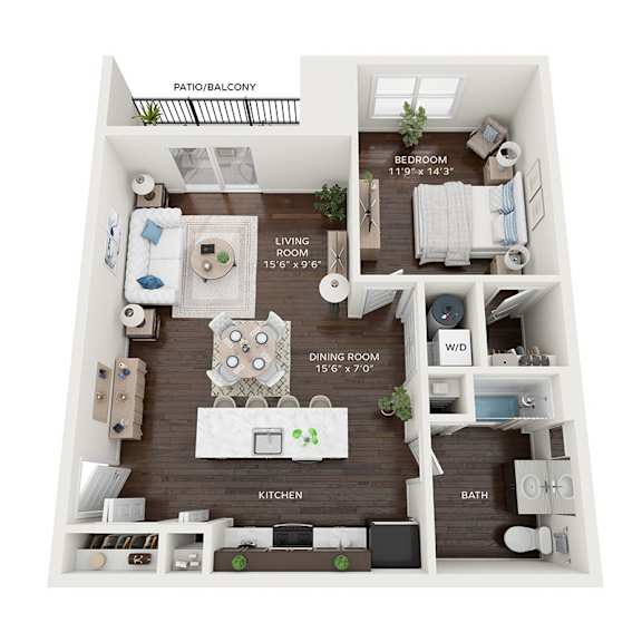 A diagram of a small apartment layout with a living room, dining room, kitchen, bathroom, and bedroom.