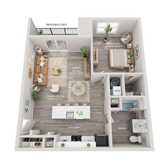 A floor plan of a small apartment with a living room, dining room, kitchen, and bathroom.