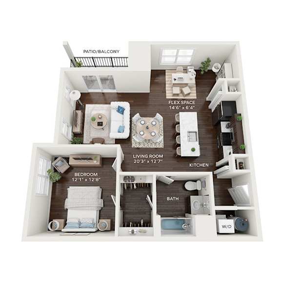 A diagram of a small apartment layout with a living room, kitchen, bedroom, and bathroom.