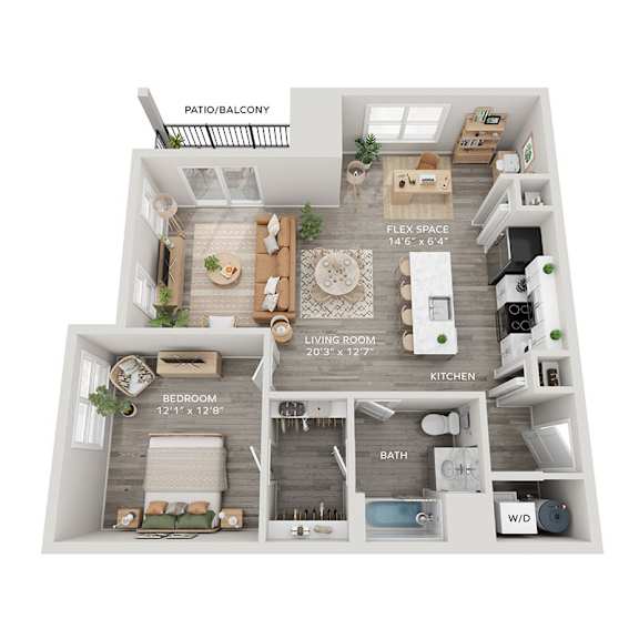 A floor plan of a small apartment with a living room, bedroom, kitchen, and bathroom.