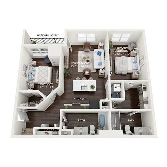 A floor plan of an apartment with a living room, kitchen, two bathrooms, a dining room, and a patio.