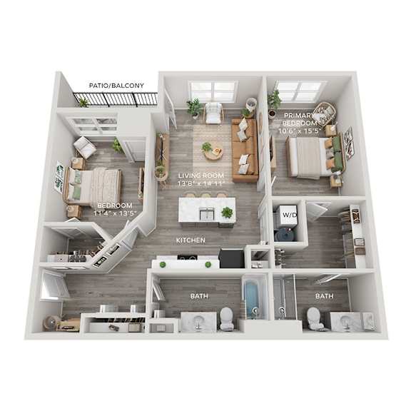 A 3D floor plan of a small apartment with a living room, kitchen, two bathrooms, and a patio.
