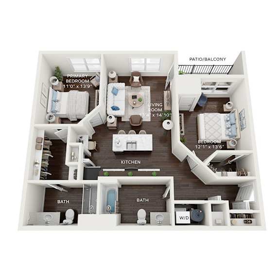 A floor plan of an apartment with a living room, two bedrooms, a kitchen, a bathroom, and a patio.