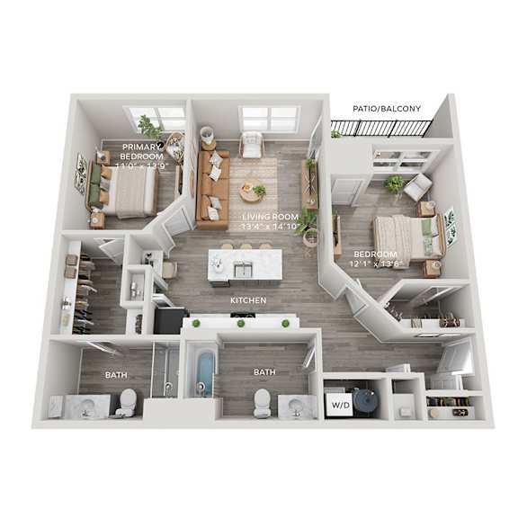 A floor plan of an apartment with a living room, kitchen, and two bedrooms.