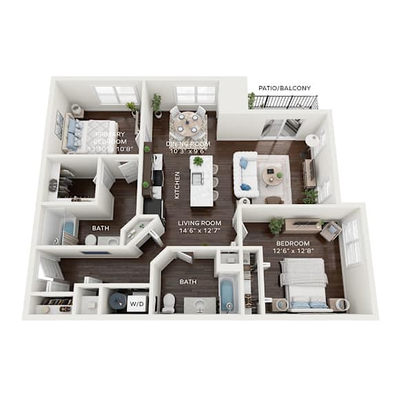 A floor plan of an apartment with a living room, dining room, kitchen, and bedrooms.