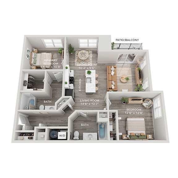 A floor plan of a home with a living room, dining room, kitchen, and multiple bathrooms.