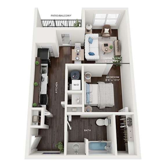 A floor plan of a small apartment with a living room, kitchen, and bedroom.