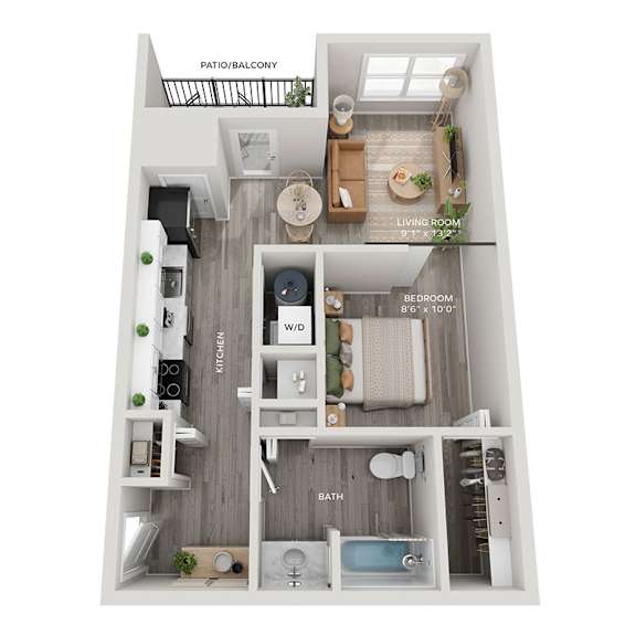 A floor plan of a small apartment with a kitchen, living room, and bathroom.