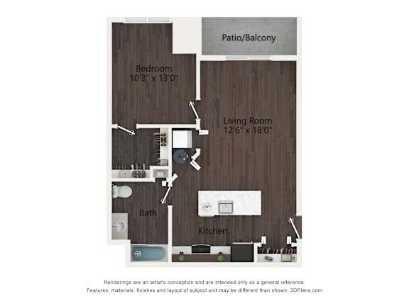 A floor plan of a room with a bedroom, living room, kitchen, and bath.
