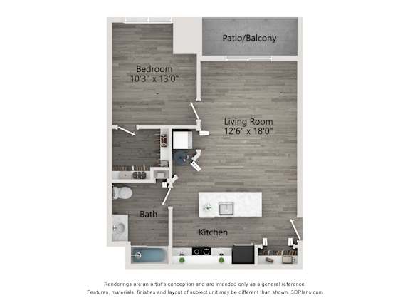 A diagram of a house layout with a bedroom, living room, kitchen, bath, and patio.