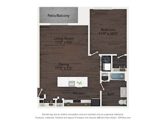 A diagram of a house layout with a living room, dining room, kitchen, bath, and bedroom.