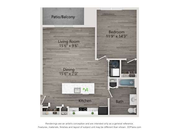 A diagram of a house layout with a living room, dining room, kitchen, bath, and bedroom.