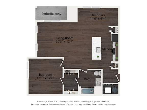 A floor plan of a house with a living room, bedroom, bathroom, kitchen, and flex space.