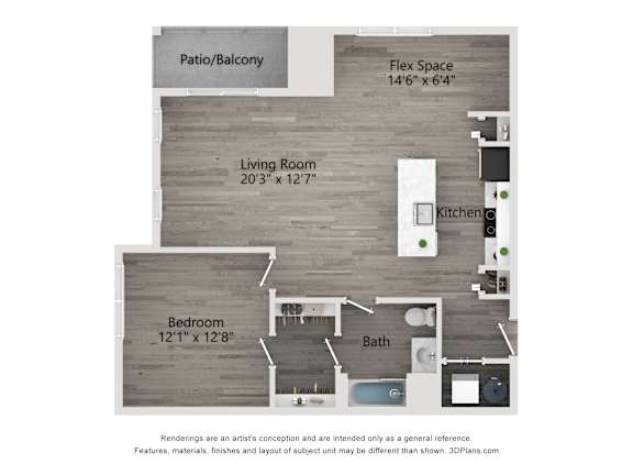 A diagram shows a living room, a bedroom, a patio, and a kitchen.