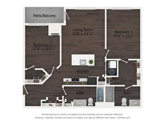 A floor plan of a house with a living room, two bedrooms, a kitchen, and two bathrooms.