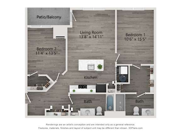 A 3D floor plan of a house with a living room, two bedrooms, a kitchen, and two bathrooms.