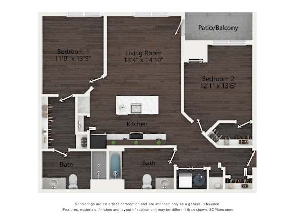 A floor plan of a house with three bedrooms, a living room, a kitchen, and two bathrooms.