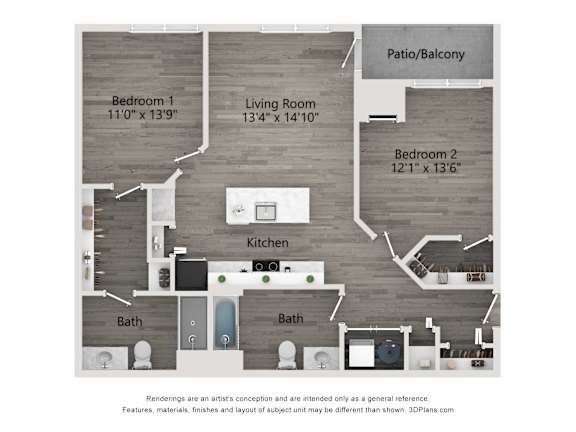 A floor plan of a house with two bathrooms, a kitchen, and two bedrooms.