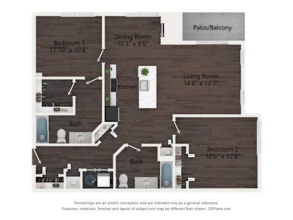 A floor plan of a house with a living room, two bedrooms, a dining room, kitchen, and two bathrooms.