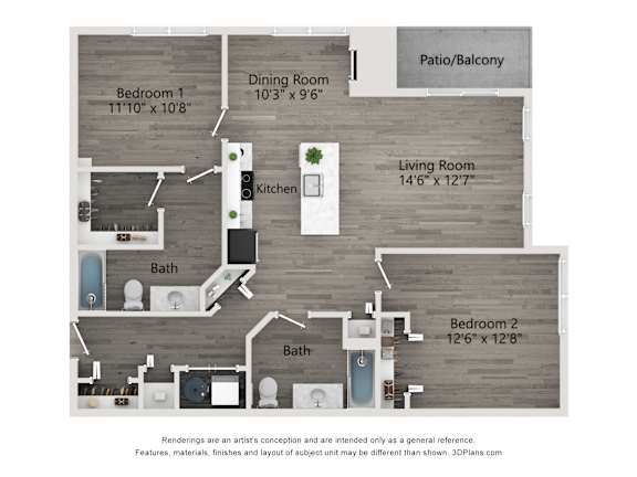 A floor plan of a house with a living room, two bedrooms, a kitchen, a bathroom and a patio.